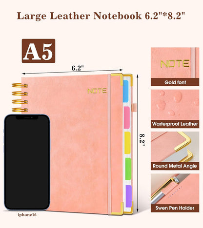 Hardcover Large Spiral Notebook 8.5" x 11" with Removable Dividers Tabs, 300 pages Leather 5 Subject Notebook College Ruled, A4 Journal for Women Men, Notebooks for Work School Note taking,Black