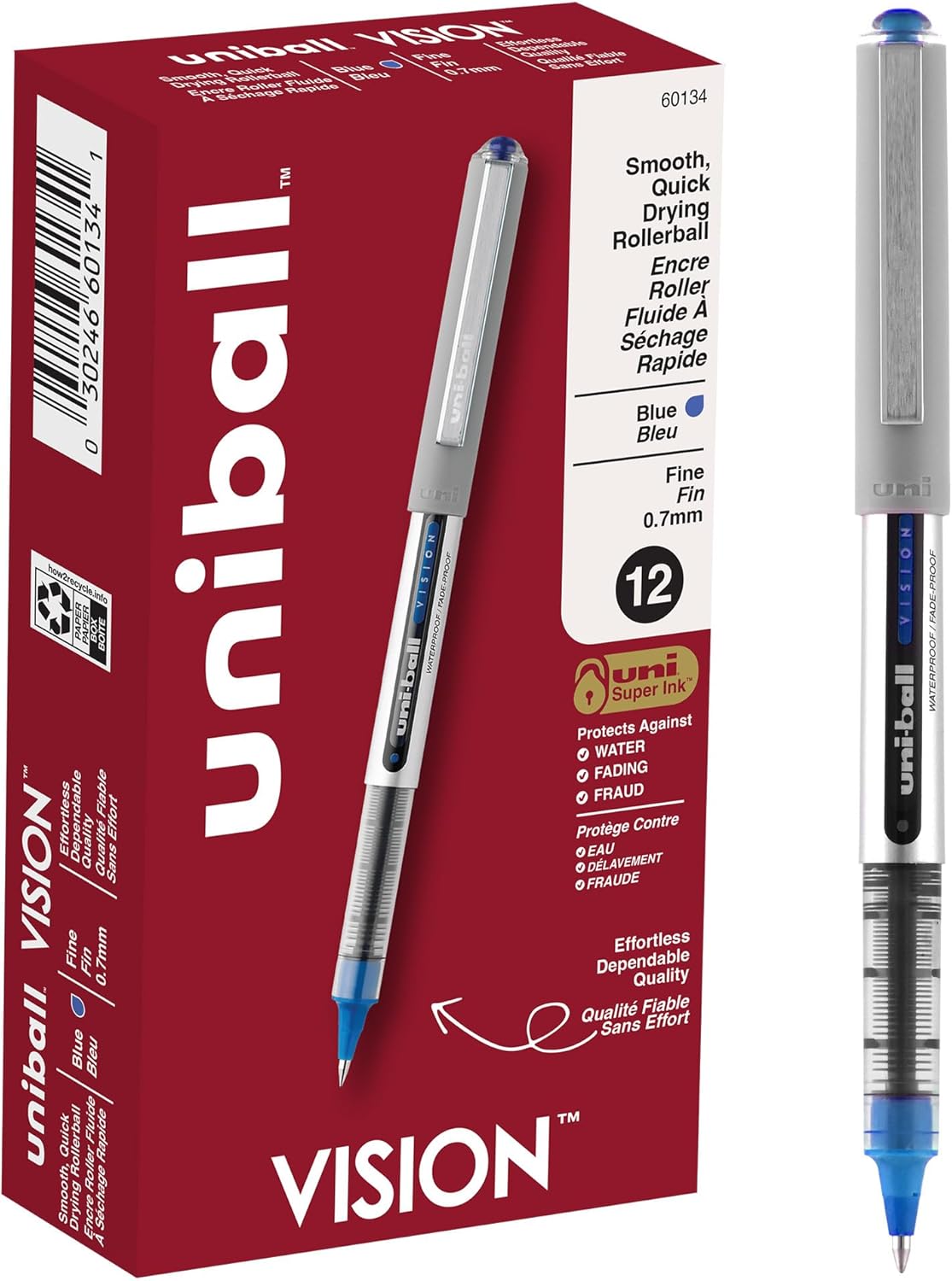 uni-ball Vision Stick Roller Ball Pens, Fine Point, Black Ink, Pack of 4