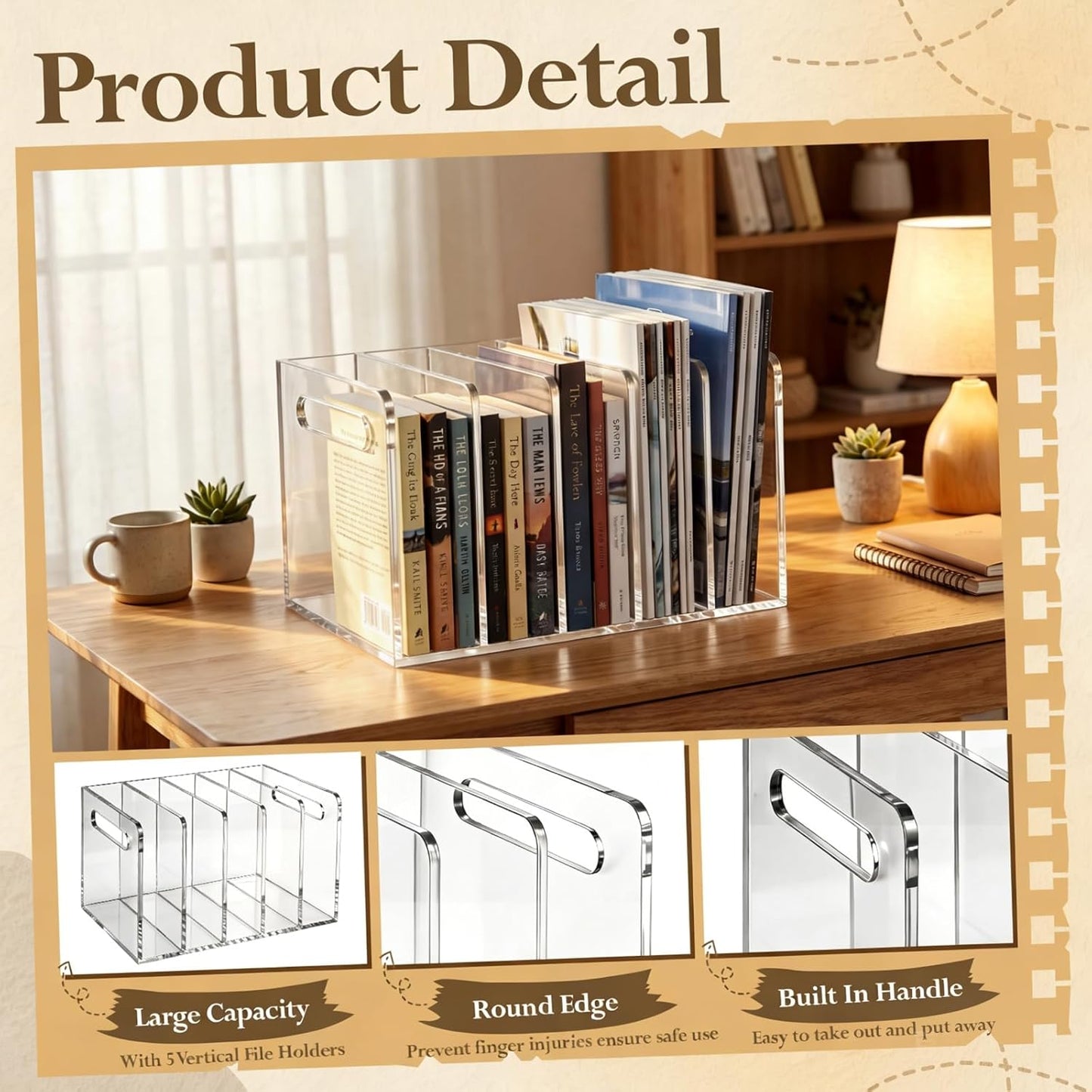 Didaey 2 Pcs Acrylic Magazine File Holder, 5 Vertical Compartments Desk Sorter Organizer Magazines Documents Books Accessories Clear Folder Rack Binder for Office Home(B5, 5 Sections, Clear)