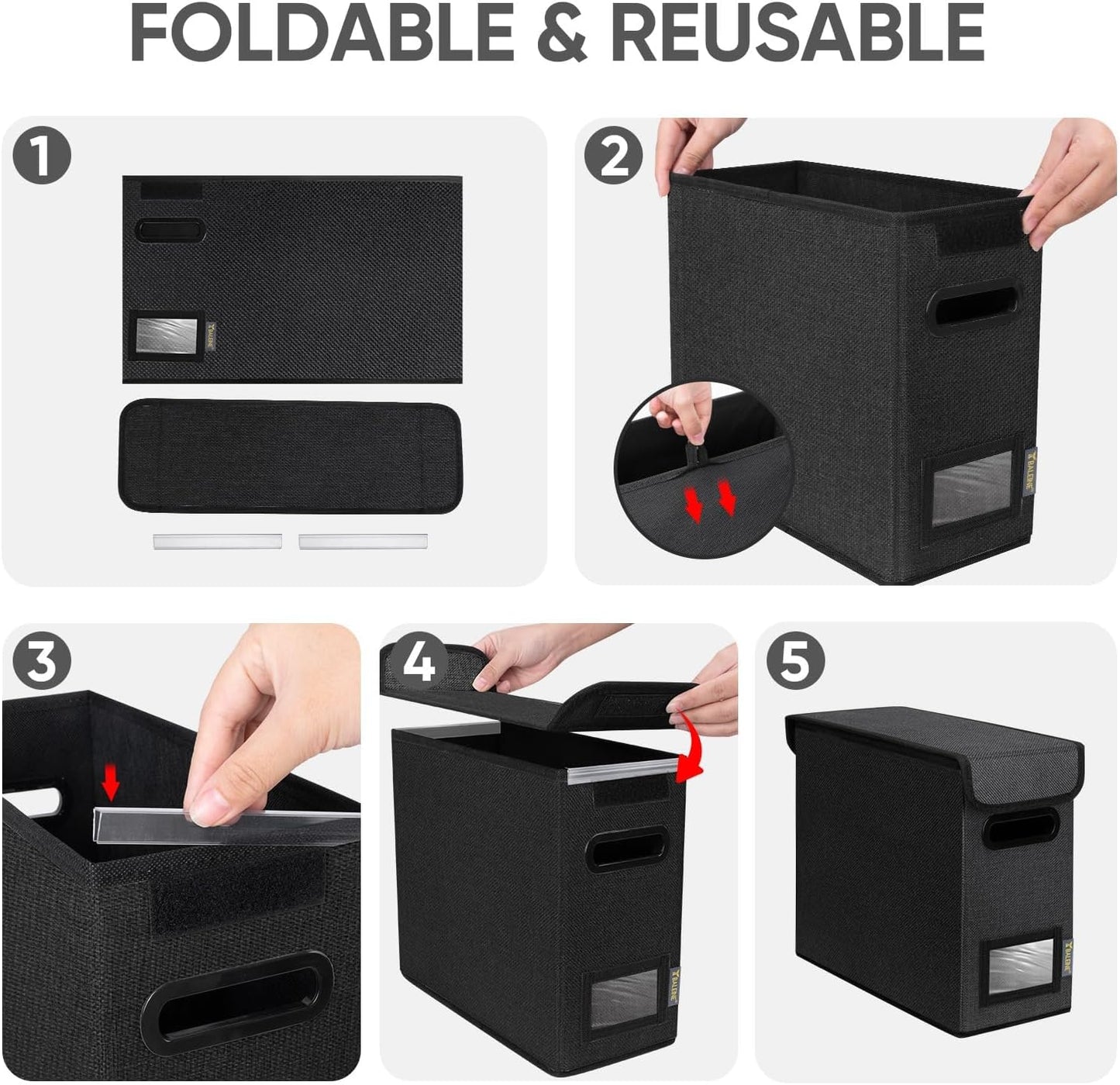 BALEINE File Organizer Box with Lid, Collapsible File Folder Organizer with Plastic Slide, Hanging File Folder Box for Office Document Storage (1 Pack, Black)