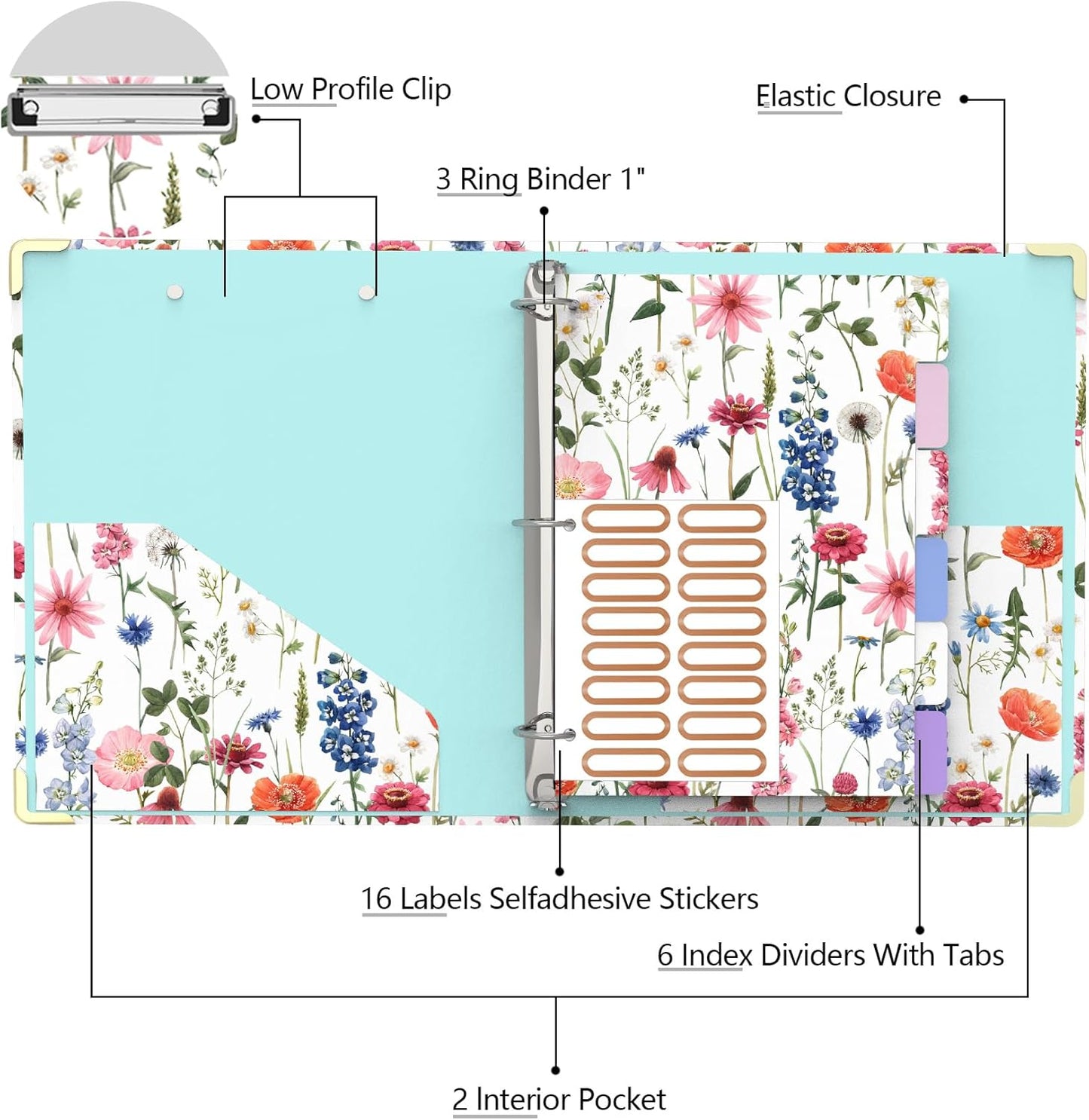 3 Ring Binder 2 Inch Round Ring Binder with 6 Tab Dividers，2 Interior Pockets，Cute Binder Clipboard with Storage, for School Office, Portfolio(Almond Tree)