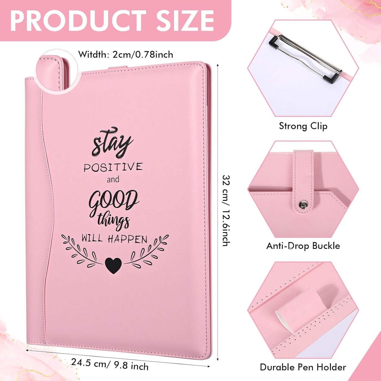 Marspark Pink Padfolio with Clipboard Folder Binder Pad Holder PU Leather Clipboard for A4 Letter Size Notepad Writing Pad for Women School Office Business Meeting