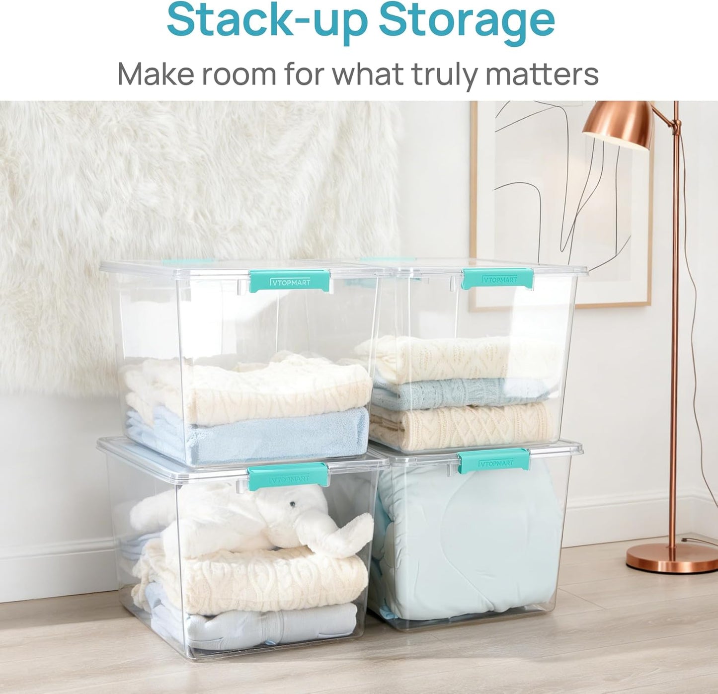Vtopmart 6 Qt Plastic Storage Bins with Lids, Clear Sensory Bins, Arts Crafts Organizers and Storage, Stackable Containers for Home Office and School Supplies, 4 Pack