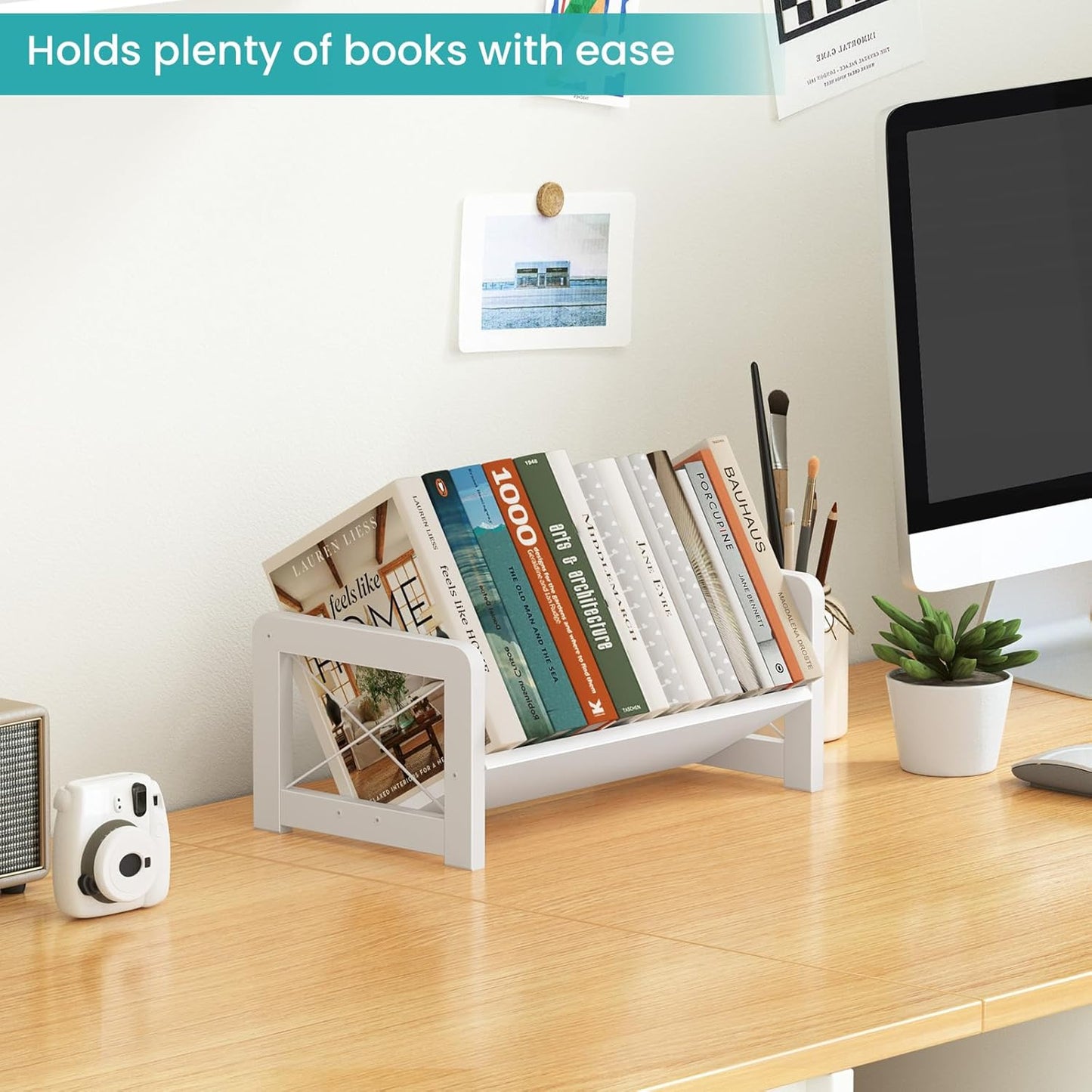 ELITEROO Desktop Bookshelf Organizer, Wood Slanted Desk Bookshelf, Small Tabletop Book Rack, Portable Mini Bookcase for Book Display, Cookbooks, Kids Reading, Office & Home Storage, Rustic Brown