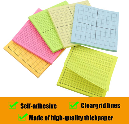 Graph Sticky Notes 300 Sheets Mini Graph Paper Sticky Notes 3x3 Inch 6 Pads Adhesive Four Quadrant Grid Sticky Notes Graphing Paper for Bible Journaling Office Math Supplies, Bright Color