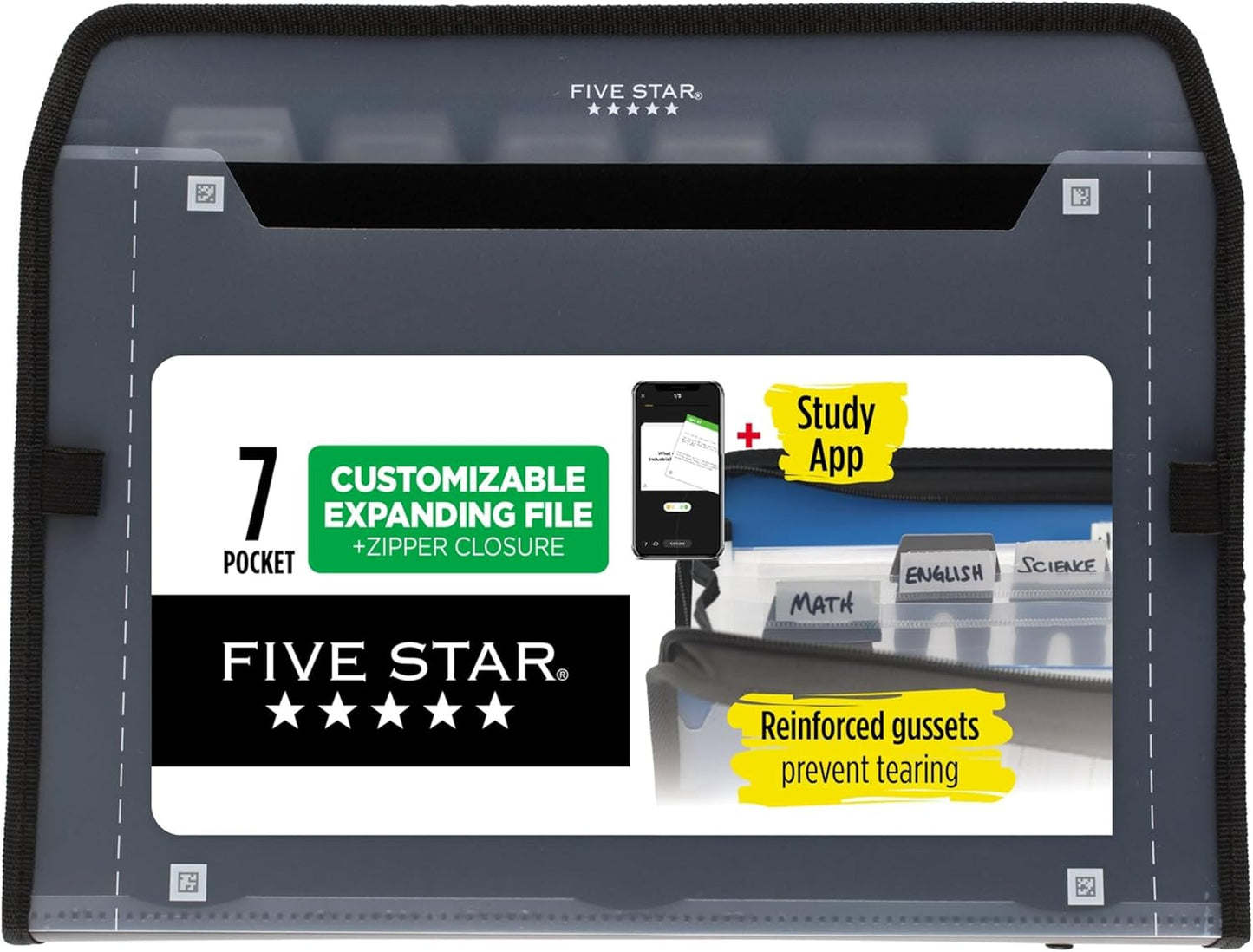 Five Star 7 Pocket Expanding File Organizer, Plastic Expandable File Folders with Customizable Tabs & Clear Cover, Holds 11" x 8-1/2", Zipper Closure, Black (72709)