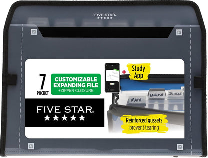 Five Star 7 Pocket Expanding File Organizer, Plastic Expandable File Folders with Customizable Tabs & Clear Cover, Holds 11" x 8-1/2", Zipper Closure, Black (72709)