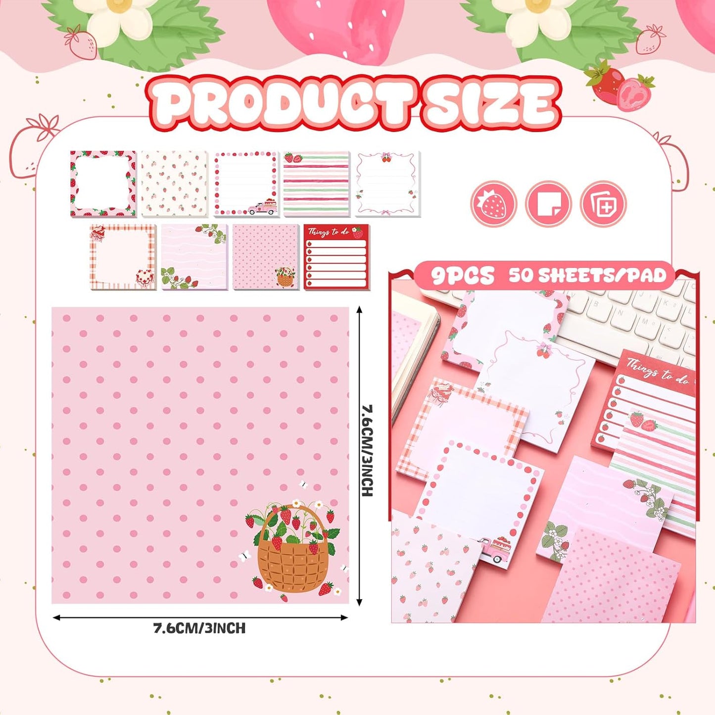 9 Pads Wildflower Sticky Notes 3x3 Inch Cute Self Stick Notepads Notes Adhesive Memo Pad Office Decor Gifts for Students School Teacher Meeting Office Supplies