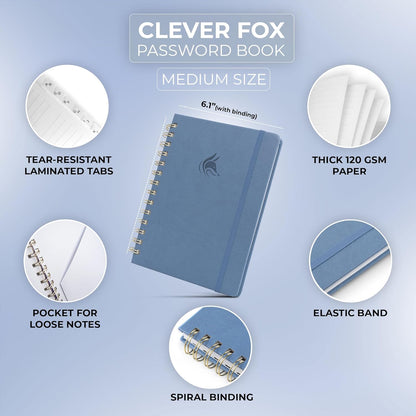 Clever Fox Password Book Spiral – Internet Address & Password Organizer with Laminated Alphabetical Tabs – Password Keeper Journal – Hardcover, Medium Size, 6.1x7.7” (Mystic Blue)