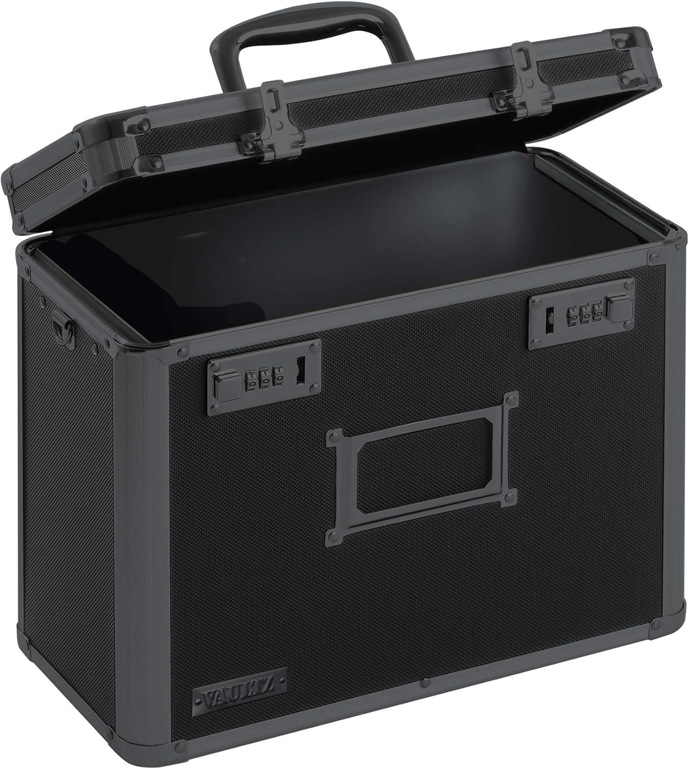 Vaultz File Organizer Storage Box - 14 x 7 x 12.19 Inch Letter Size, Portable Locking Storage Totes with Dual Combination Locks for Filing Office Documents - Black