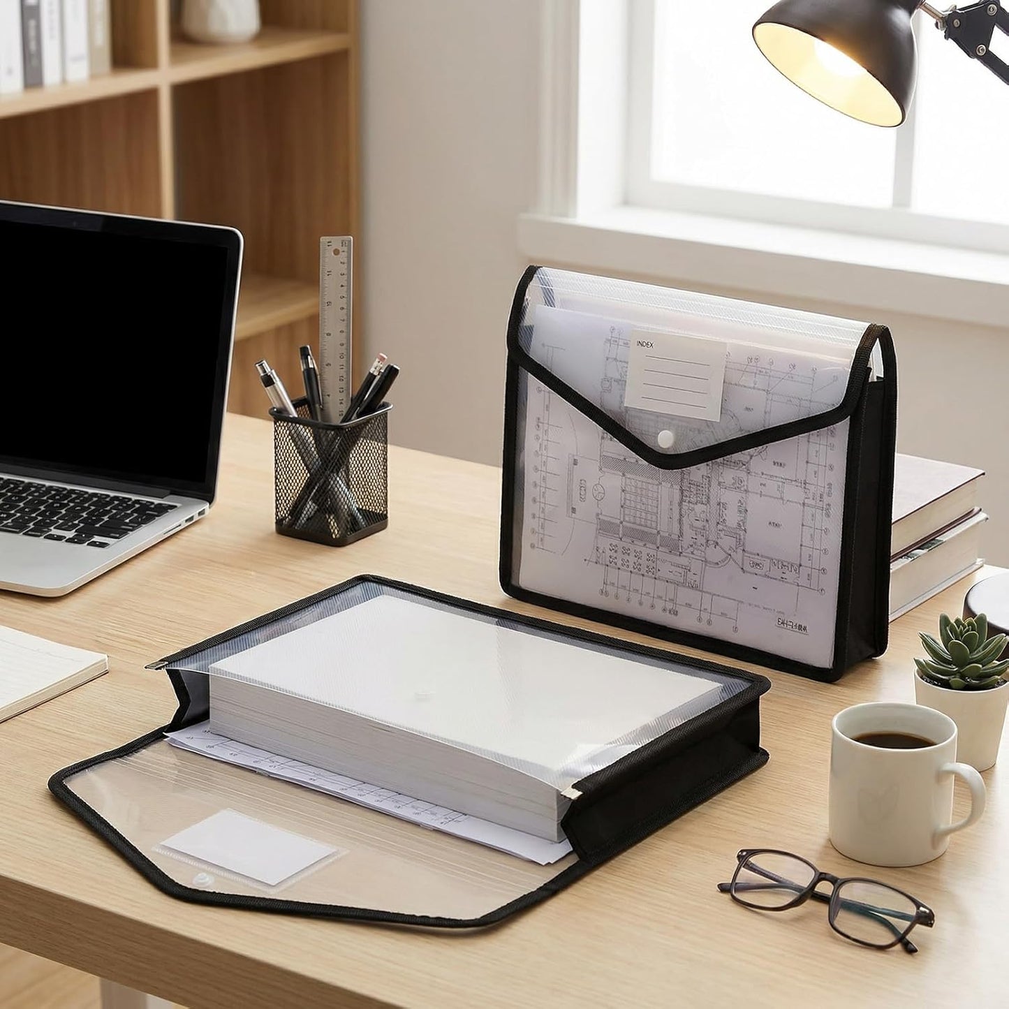 12 Pack Plastic Expanding File Folder, Folders for Documents with Snap Closure, Transparent Accordion File Pouch, A4 Letter Size Transparent Envelopes with Snap Closure (Black)