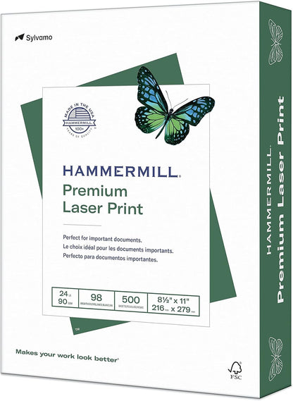 Hammermill Premium Laser Print Paper, 24 lb Copy Paper, 8.5 x 11 Letter Size, 3 Hole - 1 Ream (500 Sheets) - 98 Bright