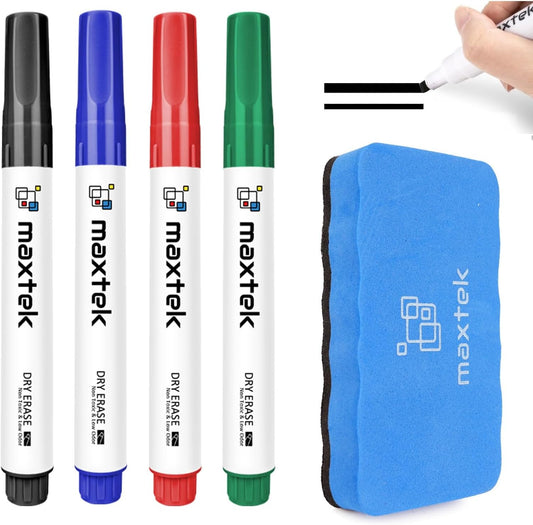 maxtek Low Odor Dry Erase Markers Chisel Tip, Whiteboard Markers Set 4 Count with 1 Magnetic Eraser