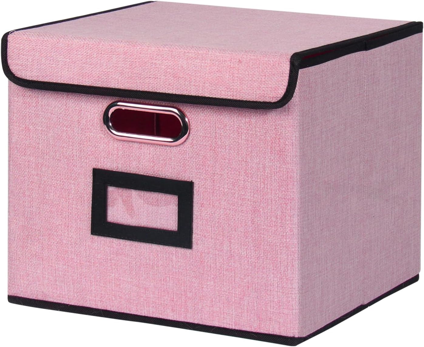 File Storage Box with Lid, 15.55x12.87x10.43 Inches, Foldable Organizer with Handles & Label Slot, for File Storage, Home, Office, and Closet Organization(Pink)