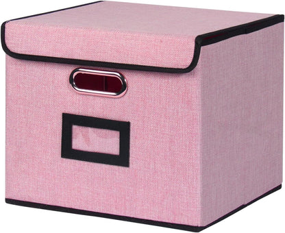 File Storage Box with Lid, 15.55x12.87x10.43 Inches, Foldable Organizer with Handles & Label Slot, for File Storage, Home, Office, and Closet Organization(Pink)