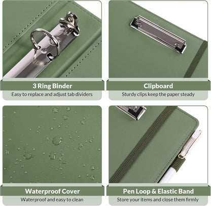 SKYDUE 3 Ring Binder with Clipboard,1 Inch Binder, 13.2" × 10.2" PU Clipboard Binder with Notepad & 5 Dividers with 5 Pockets, Labels, Clipboard Folder Great for School Office(Fit Letter Sized Paper)