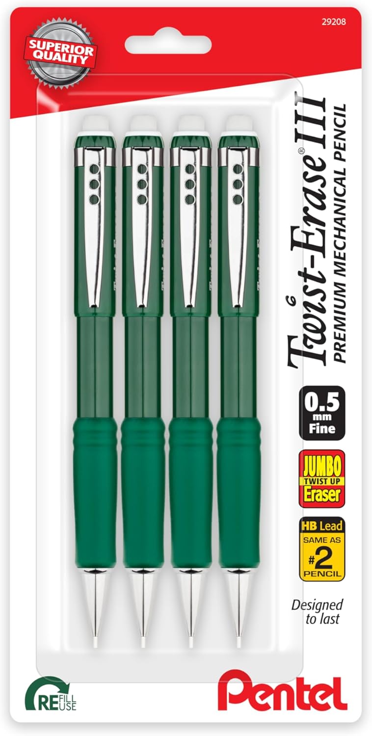 Pentel Twist-Erase III Mechanical Pencil, (0.5mm), Fine Line, Green Barrel, Pack of 4 (QE515BP4D)