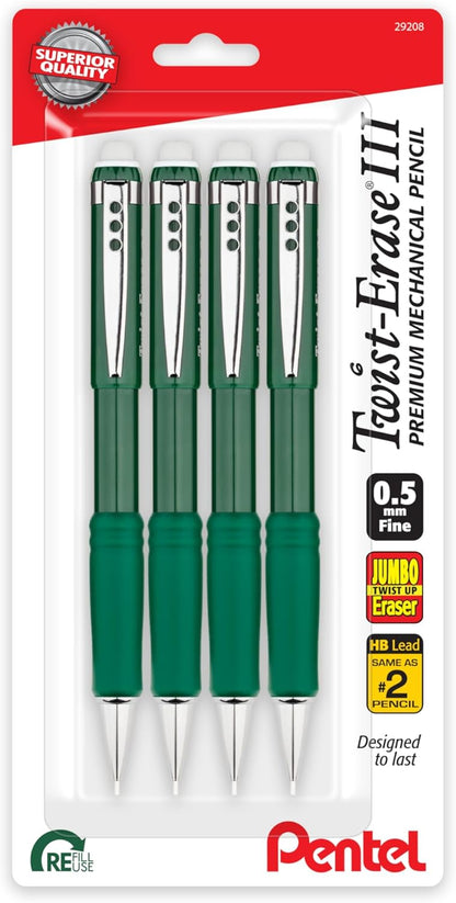 Pentel Twist-Erase III Mechanical Pencil, (0.5mm), Fine Line, Green Barrel, Pack of 4 (QE515BP4D)