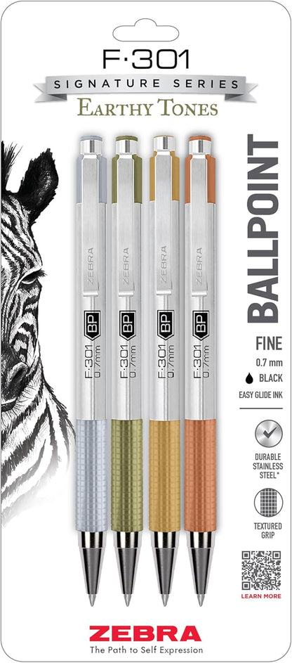 Zebra Pen F-301 Ballpoint Black, Blue, Red and Green Ink, Fine Point 0.7mm Pen, Easy-Glide Ink, Stainless Steel Retractable, Non-Slip Grip, Professional Design, Ideal for Office, 4-Pack (27174)