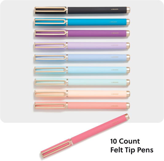 U Brands Catalina Felt Tip Pens, Set of 12, Stripes and Dots with Gold Details, Medium (0.7 mm) Point, Black Ink
