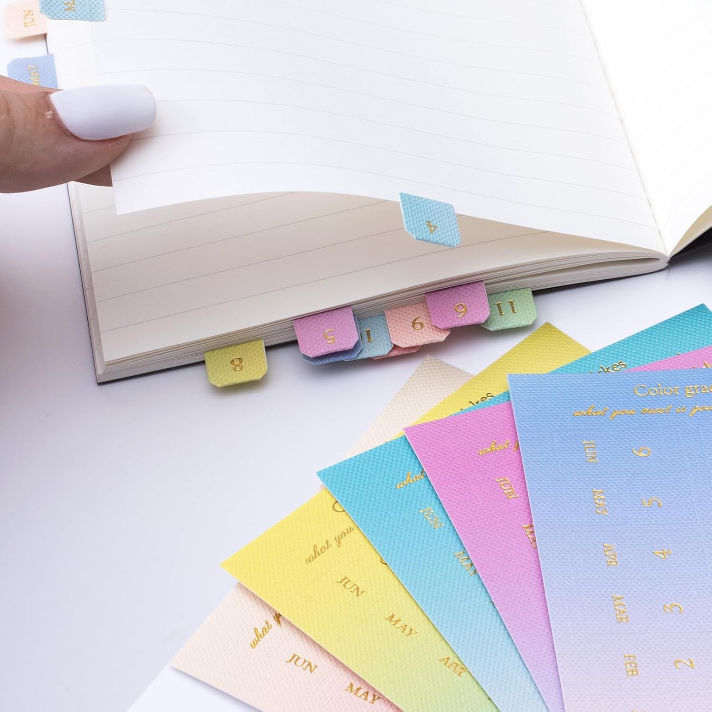 OIIKI 180pcs Planner Monthly Tabs, Self-Adhesive Index Tabs Stickers, Gradient Sticky Page Markers Labels for Document Notebooks Books Project Binders Office- 5 Colors(D Style)