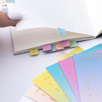 OIIKI 180pcs Planner Monthly Tabs, Self-Adhesive Index Tabs Stickers, Gradient Sticky Page Markers Labels for Document Notebooks Books Project Binders Office- 5 Colors(D Style)