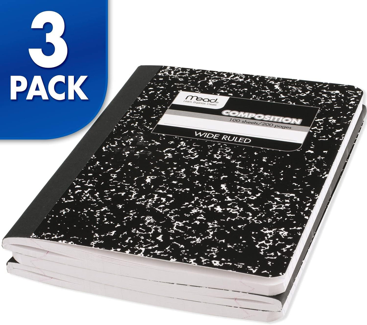 Mead Composition Notebook, 3 Pack, College Ruled Paper, 7-1/2" x 9-3/4", 100 Sheets per Comp Book, Black Marble (38111)