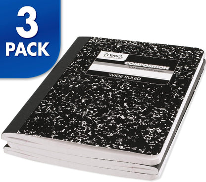 Mead Composition Notebook, 3 Pack, College Ruled Paper, 7-1/2" x 9-3/4", 100 Sheets per Comp Book, Black Marble (38111)