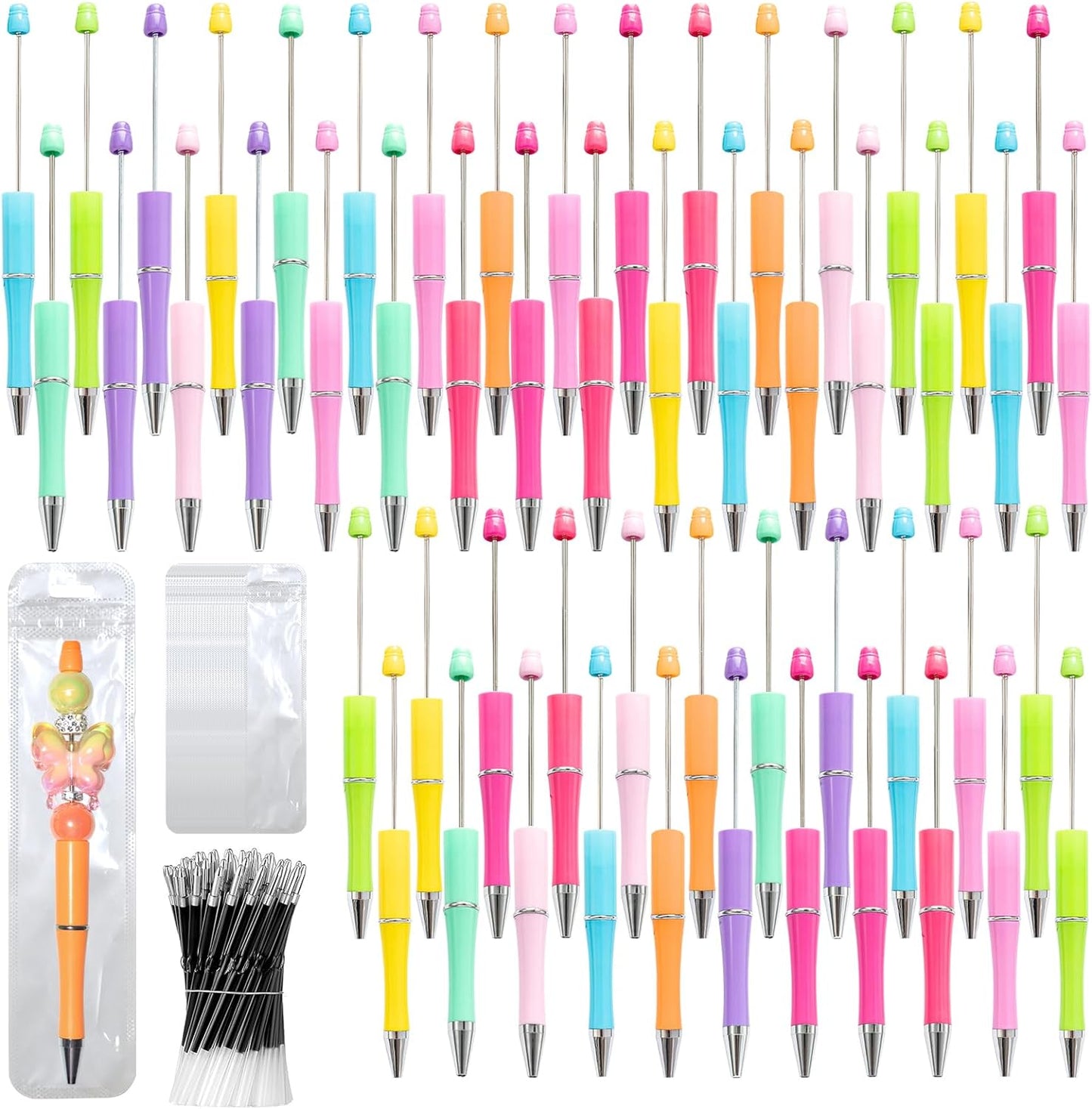 150 Pieces DIY Beadable Pen Kit – 50 Plastic Ballpoint Pens with Refills & Bags, Beads Not Included – School Supplies, Office Accessories & Craft Gifts for Students & Teachers (Multicolor)