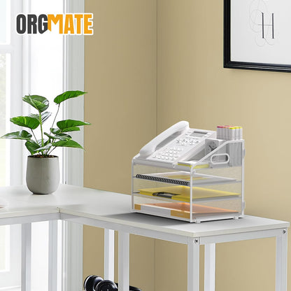Letter Tray Paper, 4 Tier Desk Organizer with Pen Holder and Handle Mesh File Organizer Paper Sorter Metal Desktop Document Shelf for Office Home Classroom -Black