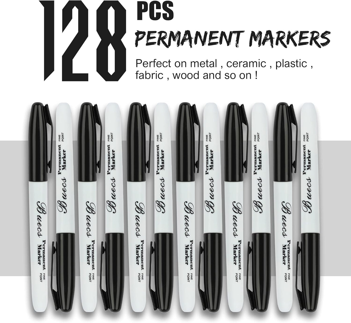 Buecs Permanent Markers, 128 Count Black Permanent Markers, Fine Point, Waterproof & Smear Proof Markers, Quick Drying, Office Supplies for School, Office, Home