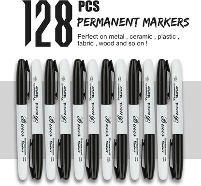 Buecs Permanent Markers, 128 Count Black Permanent Markers, Fine Point, Waterproof & Smear Proof Markers, Quick Drying, Office Supplies for School, Office, Home