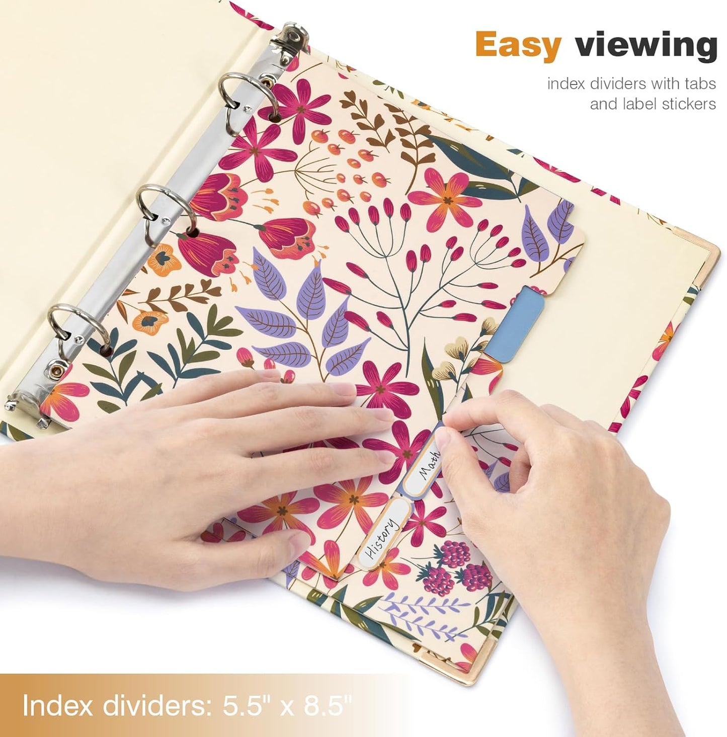 Ospelelf Binder 3 Ring 1 Inch, Floral Round Ring Clipboard Binder for Letter Size with 5 Tab Dividers, File Folder Labels, for School and Office Supplies