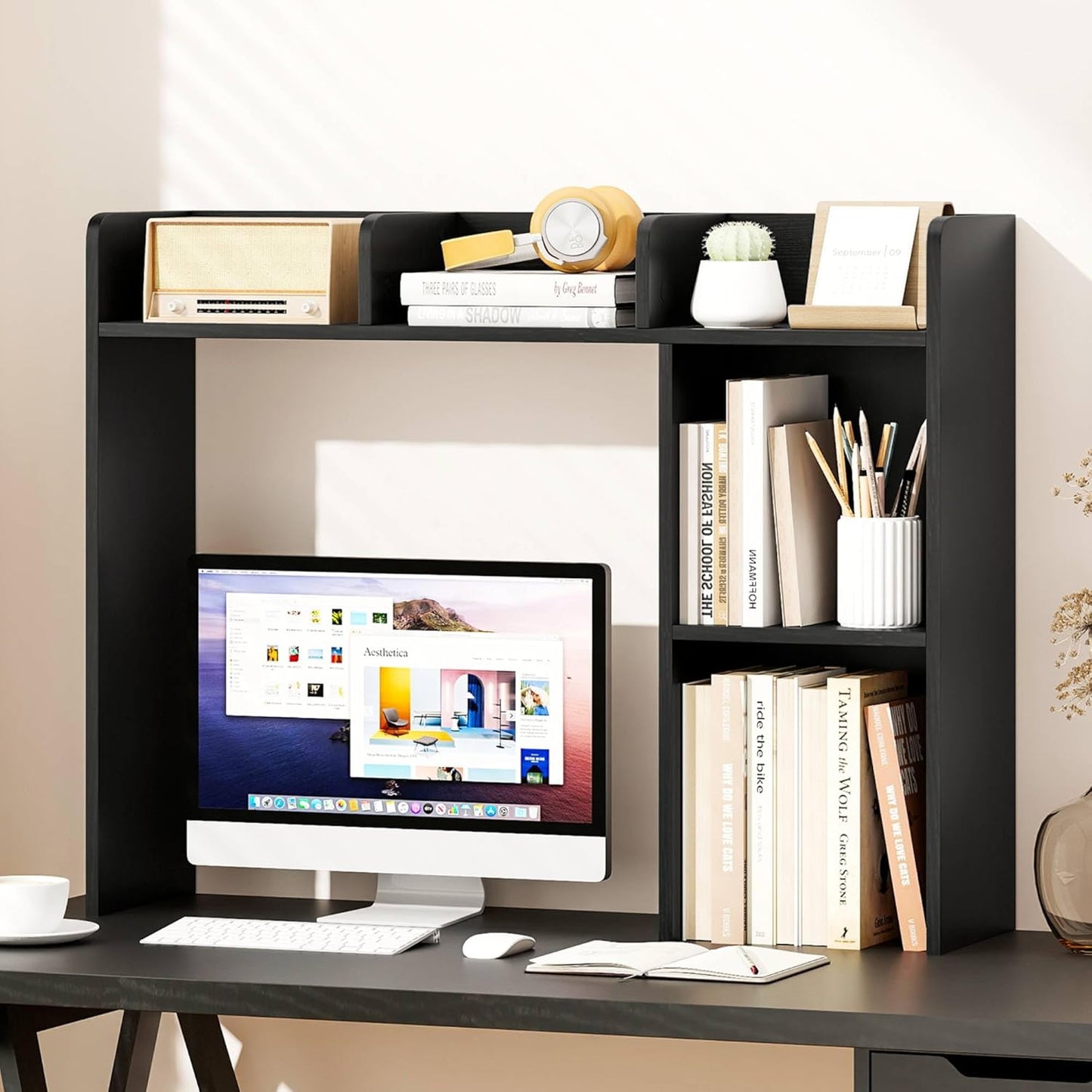 Tangkula Desktop Bookshelf, Countertop Storage Hutch with 5 Shelves for Computer Desk, Desk 3-Tier Display Rack, Multipurpose Wood Desktop Hutch Storage Organizer for Dorm Office Home