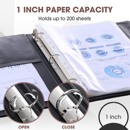 Yexiya 4 Pcs Vintage Hardback 3 Ring Binder Planner Portfolio Leather Round Ring Binder Organizer Holds 200 Sheets with 2 Inner Pockets, 13 x 10 Inch(1 Inch,Black)
