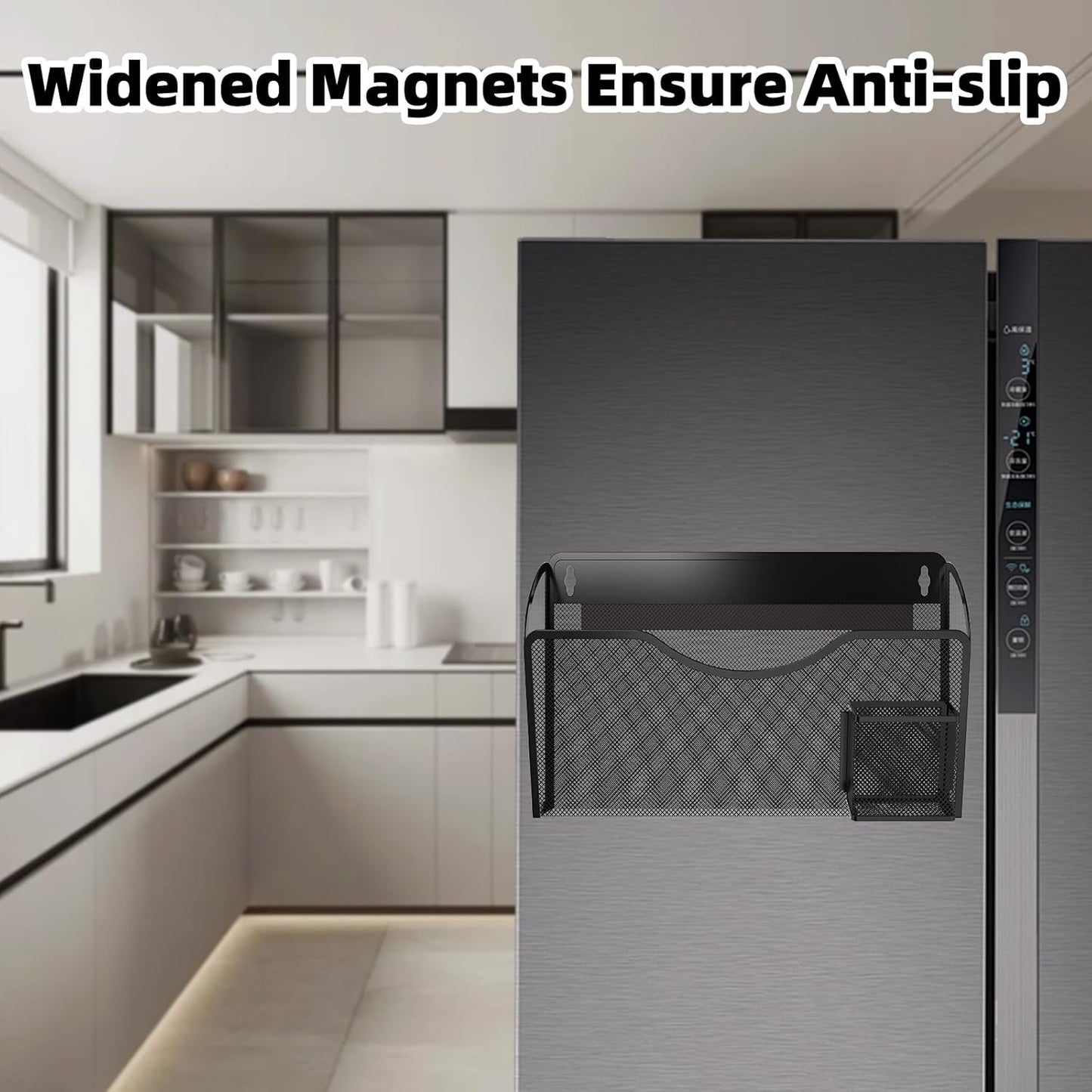 Magnetic File Holder 1 Pockets File Folder Organizer with Pen Holder, Office Hanging Magazine Rack for File Cabinets, Magnetic Paper Holder, No Drilling Mail Organizer for Refrigerator, Office (Black)