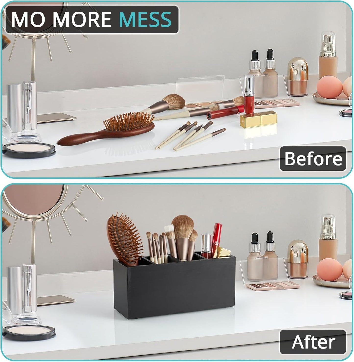 Bivvclaz Pencil Pen Holder for Desk, Wooden Office Desk Organizers and Accessories with 4 Slots for Countertop, Makeup Brush Holder Organizer for Bathroom Vanity, Silverware Caddy for Party, White