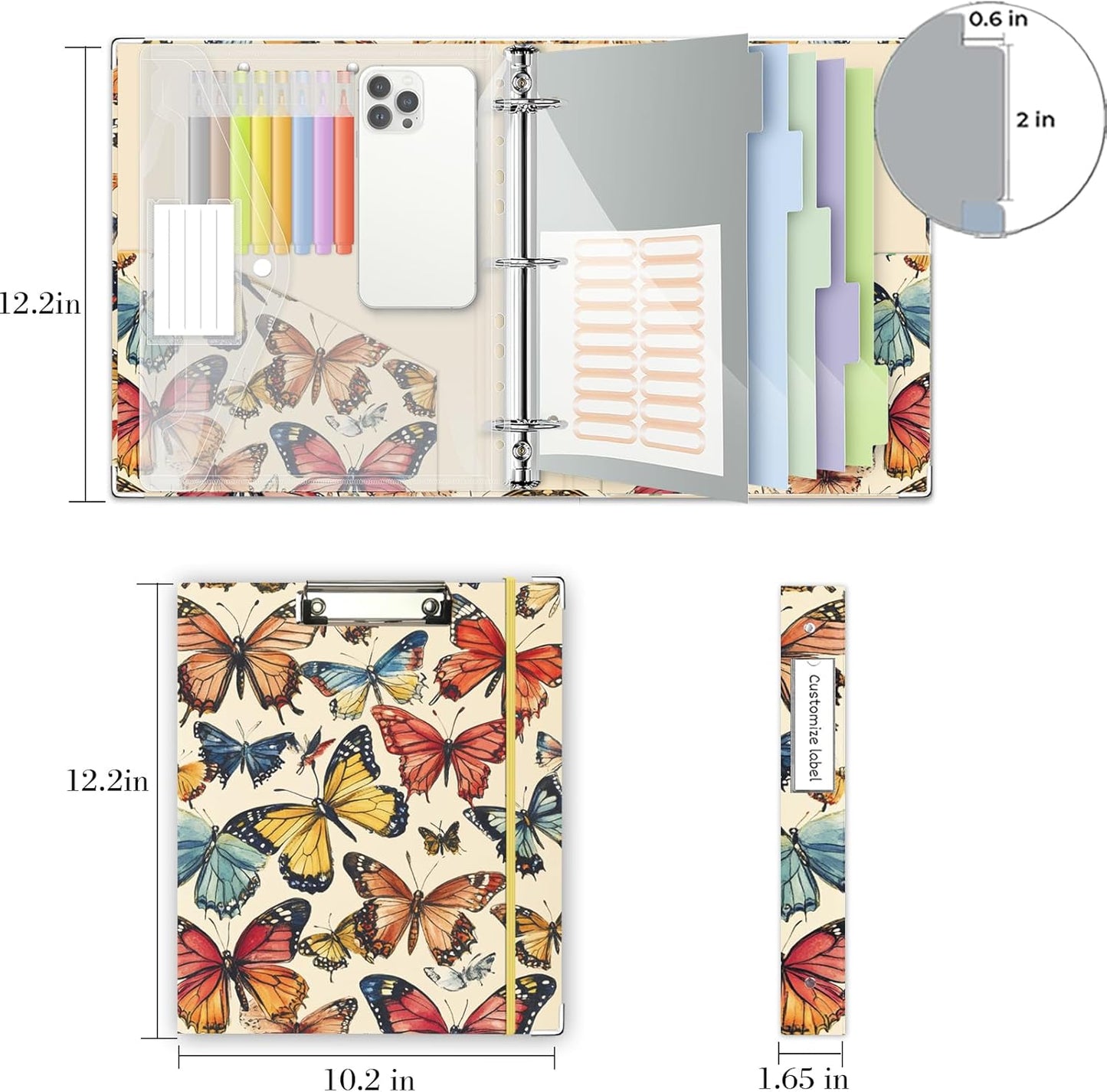 3 Ring Binder 1 Inch, Three Ring Binders Organizer with Clipboard, 5-Tabs Pockets Dividers, Plastic Folder, 18 Divider Stikers, BVSSX Pretty Binder with Pen Loop (Black Weeds, Letter Size)