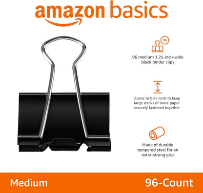 Amazon Basics Sturdy Binder Clips, Office Supplies, Small 0.75 in, Document Organizing, School Supplies, Black, 144 Count