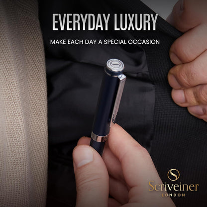 Scriveiner Black Rollerball EDC Luxury Pen, Stunning Pocket Pen with Chrome Finish, Cool Writing, Best Gift for Men & Women, German Schmidt Refill, Nice Present, Fancy Office Designer Set