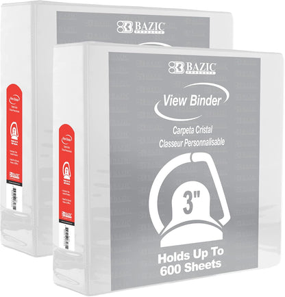 BAZIC Products 3 Ring Binder 3" View Binders Slant D Ring Organizer - White, Hold 600 Sheets Paper, for School Office Home, 2-Count