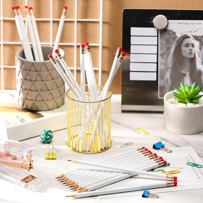 Outus 24 Pieces Round Pencils Cute HB Graphite Wood Pencils Pack with Eraser for School Drawing Sketching Wedding Office Supplies (White)