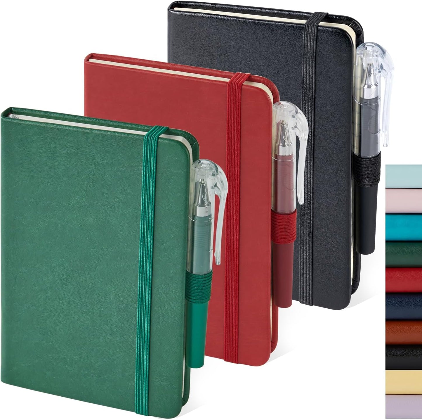 NIRMIRO Small Notebook Journals, 3 Pack Mini Pocket Note pads for Men & Women Writing, A6 Small Leather Notepad 3.7" x 5.7" with Pen, Black, Red, Green