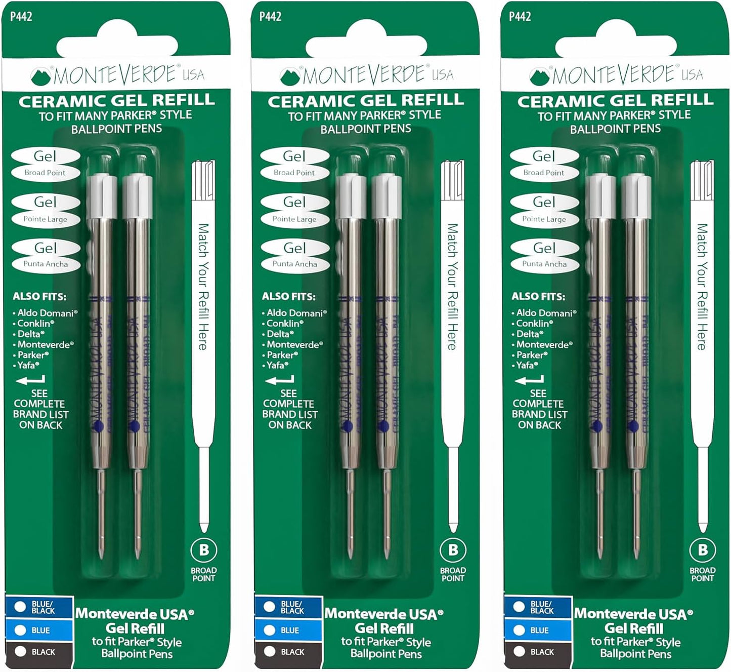Monteverde USA Capless Ceramic Gel Refills to Fit Parker Pens, Broad Point, Blue Ink, 2-Pack – Smooth and Vibrant Writing Solution