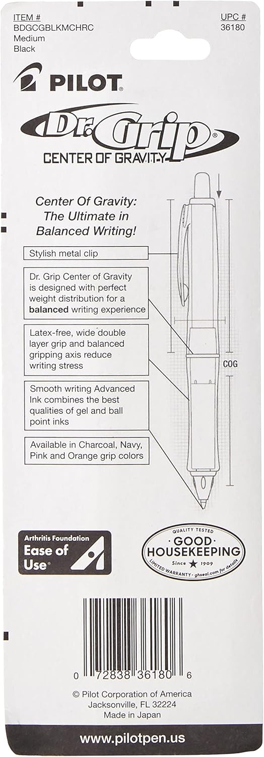 PILOT Dr. Grip Center of Gravity Refillable & Retractable Ballpoint Pen, Medium Point, Black, Single Pen- Ideal for School, Journaling & Office Writing