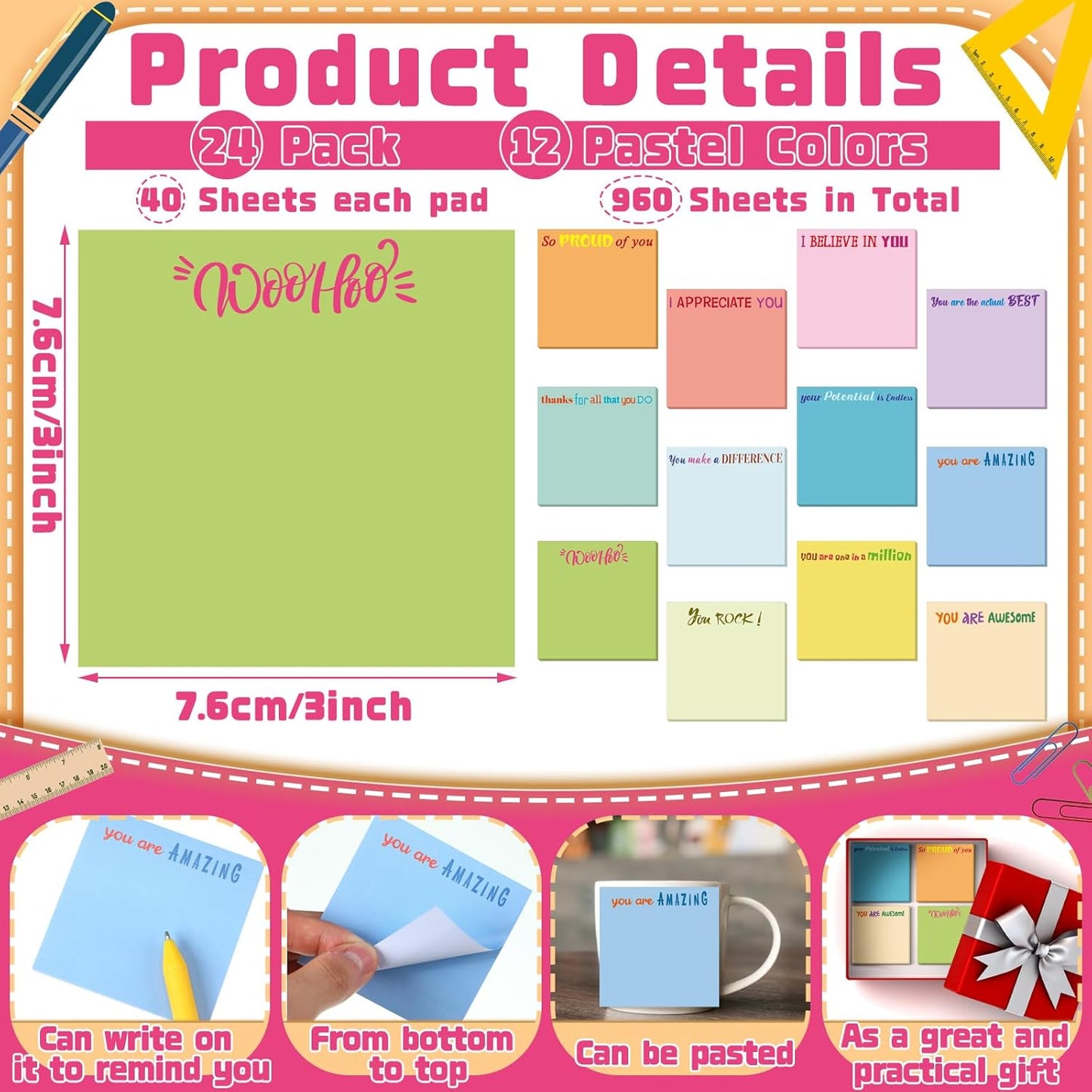 Yinder 48 Pcs Inspirational Sticky Notes Cute Motivational Sticky Notes Pad End of Year Employee Appreciation Gifts Bulk for Teacher Nurse Coworkers Office Supplies 3 x 3'' (Thank You,Dark Color)