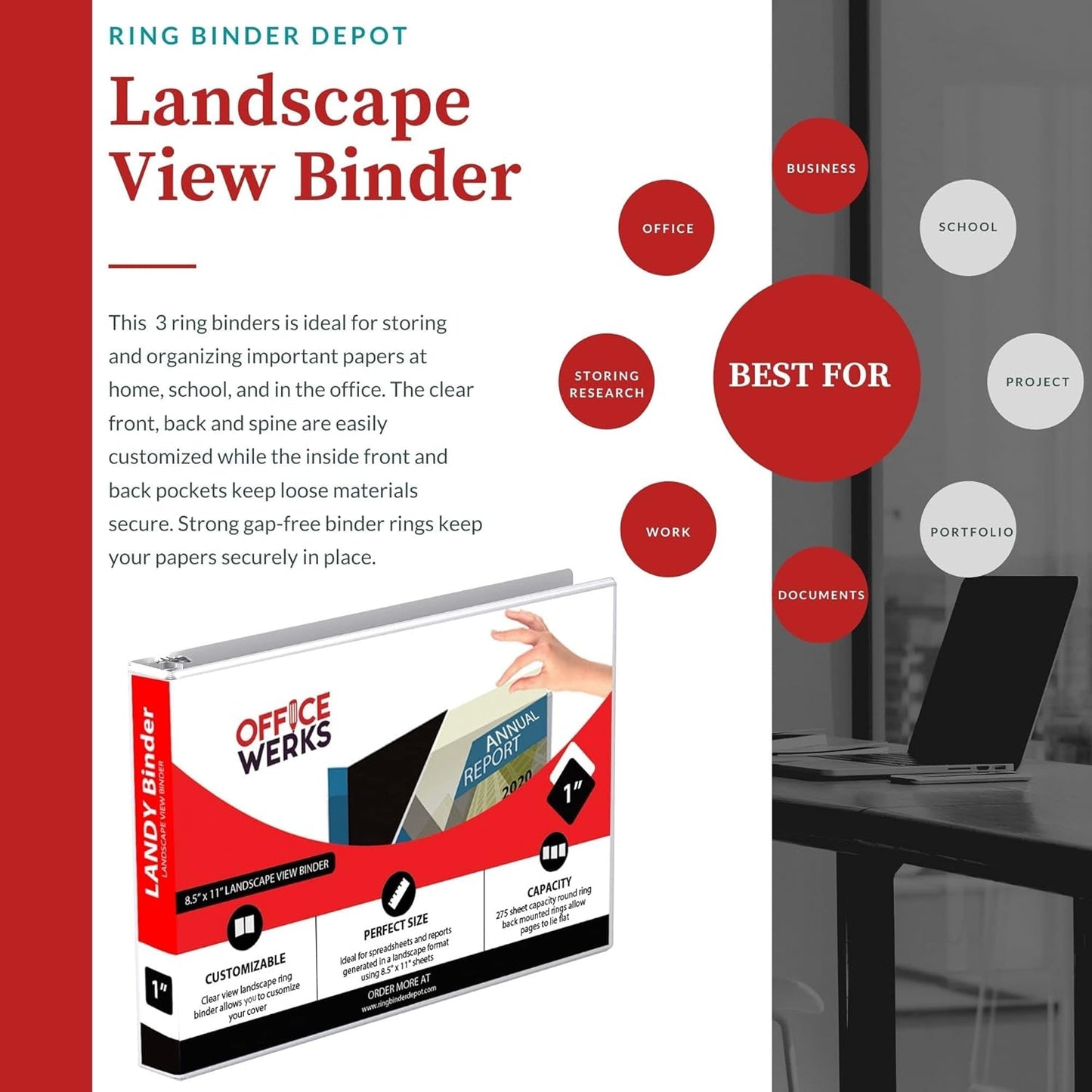 4 Pack of 8.5" X 11" Landscape View Binder, 3-Ring 1-Inch Capacity Round Ring, White Horizontal Formatted with Clear Cover Pockets, Perfect for Documents, Spreadsheets, Projects and More
