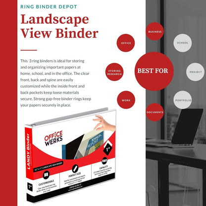 4 Pack of 8.5" X 11" Landscape View Binder, 3-Ring 1-Inch Capacity Round Ring, White Horizontal Formatted with Clear Cover Pockets, Perfect for Documents, Spreadsheets, Projects and More