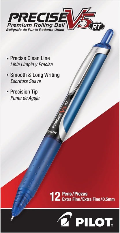 PILOT Precise V5 RT Refillable & Retractable Liquid Ink Rolling Ball Pens, Extra Fine Point (0.5mm) Blue Ink, 12-Pack (26063)