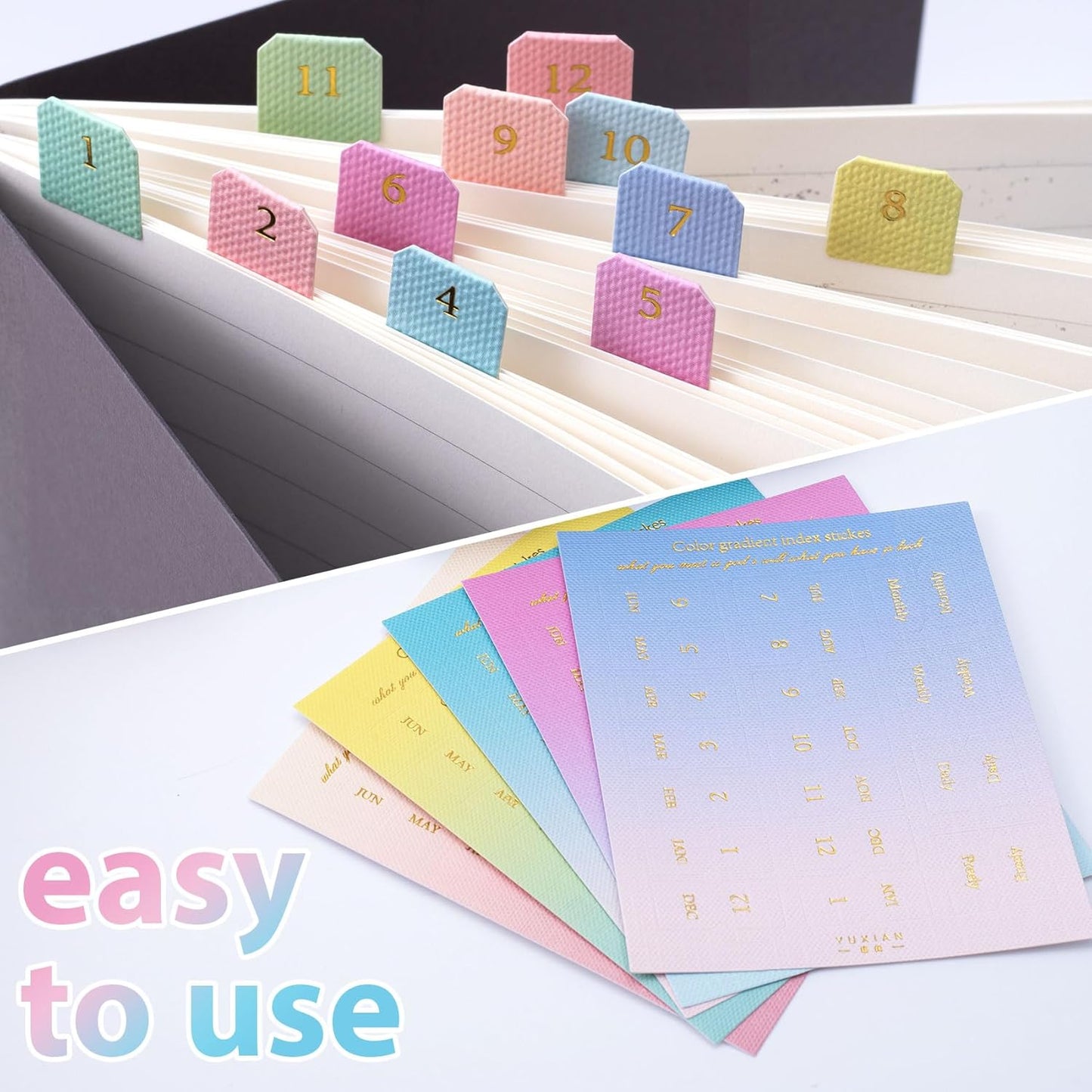OIIKI 180pcs Planner Monthly Tabs, Self-Adhesive Index Tabs Stickers, Gradient Sticky Page Markers Labels for Document Notebooks Books Project Binders Office- 5 Colors(D Style)